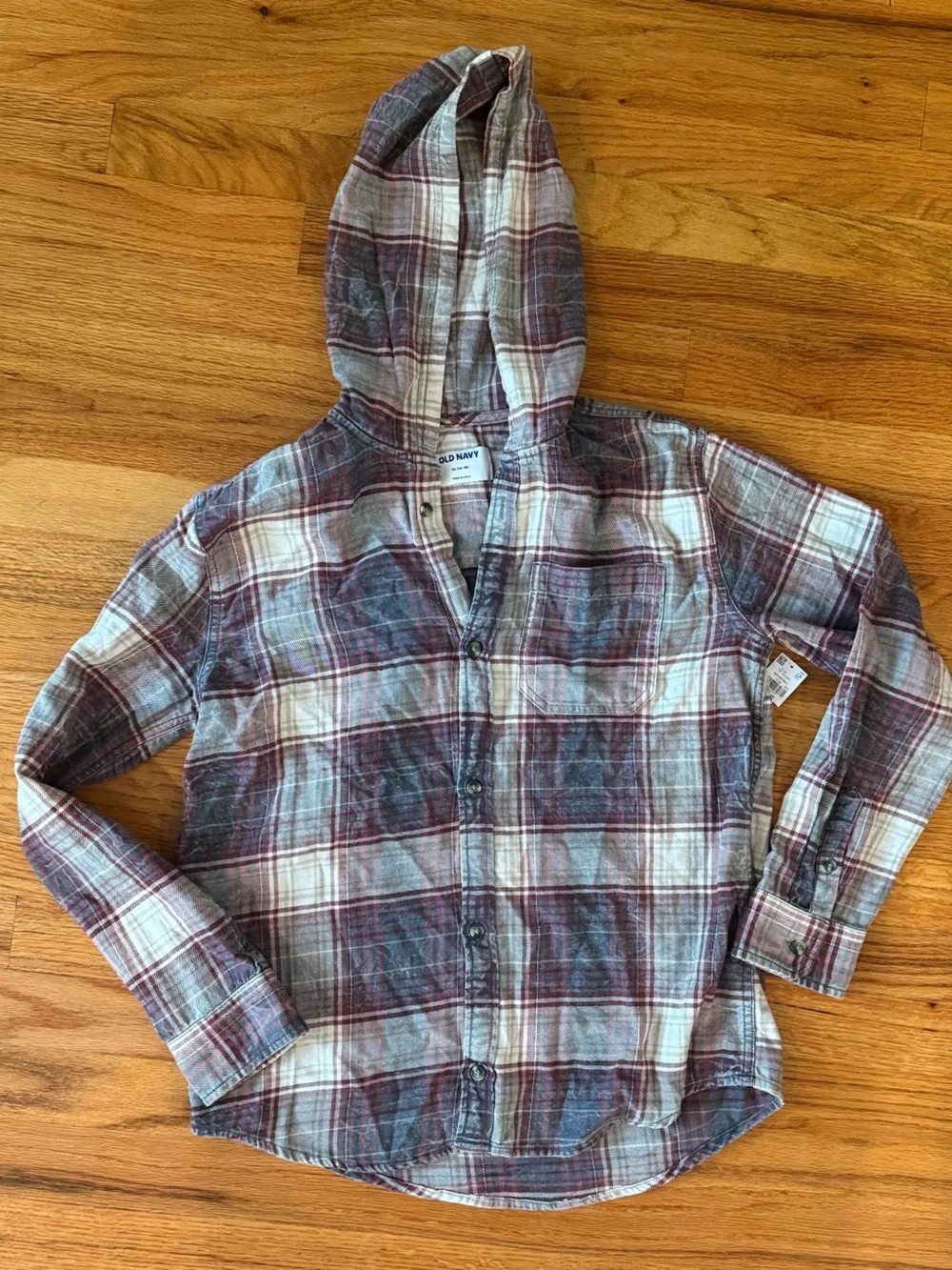 Old Navy Hooded Plaid Button-Down Shirt - Burgundy White, Blue New With Tags